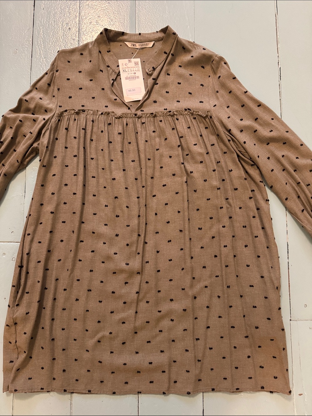 Zara olive Long-Sleeve Dot Babydoll Tunic dress size xl